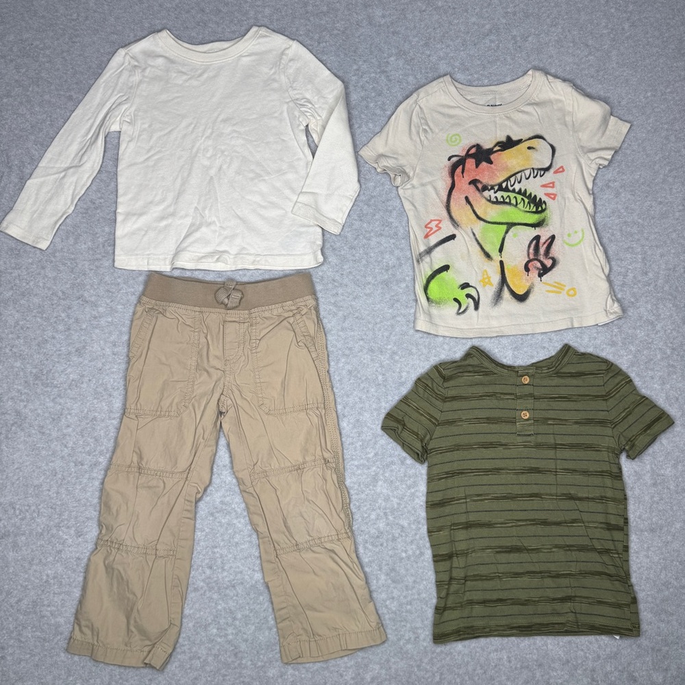 Gymboree Cargo Pants Boys 3T Beige Old Navy Tshirts Bundle T-Rex Dinosaur Outfit